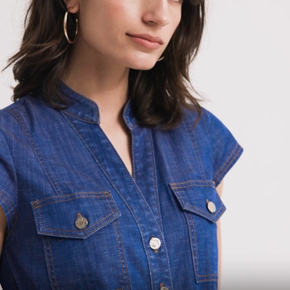 WHBM $160 Button-Down Midi Dress Denim Lightweight Cotton Tencel Blend 12 - Picture 9 of 10